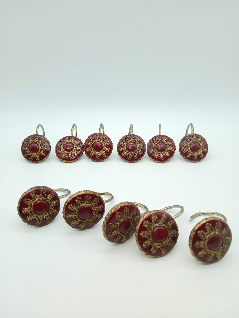 Vintage-Inspired Red and Gold Victorian Shower Rings - Set of 11 (One Missing)